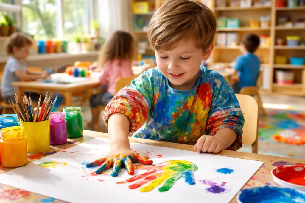découvrez comment l'empreinte de la main en peinture en maternelle crée un lien précieux entre expression artistique et développement sensoriel des enfants.
