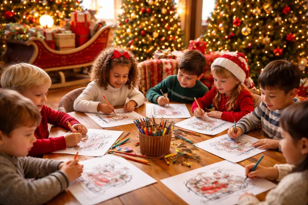 organisez un concours de coloriage du traineau du père noël pour divertir et stimuler la créativité de vos enfants pendant les fêtes.
