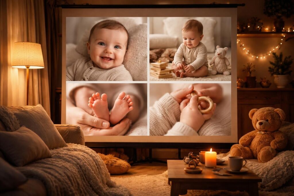 immortalisez les moments précieux de votre bébé avec des photos projetées sur un écran de projection pour des souvenirs inoubliables.