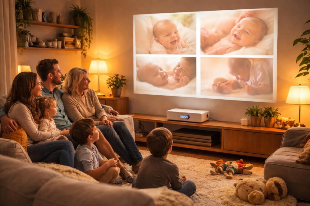 revivez les précieux moments de bébé en famille grâce aux photos projetées avec le vidéoprojecteur epson, pour une expérience conviviale et pleine d'émotion.