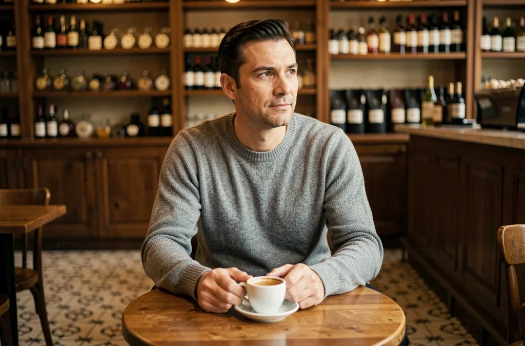 Homme discret et élégant attablé dans un café parisien avec une expression calme et réservée