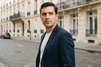 Portrait discret d'un homme élégant en veste marine dans une rue parisienne aux façades haussmanniennes