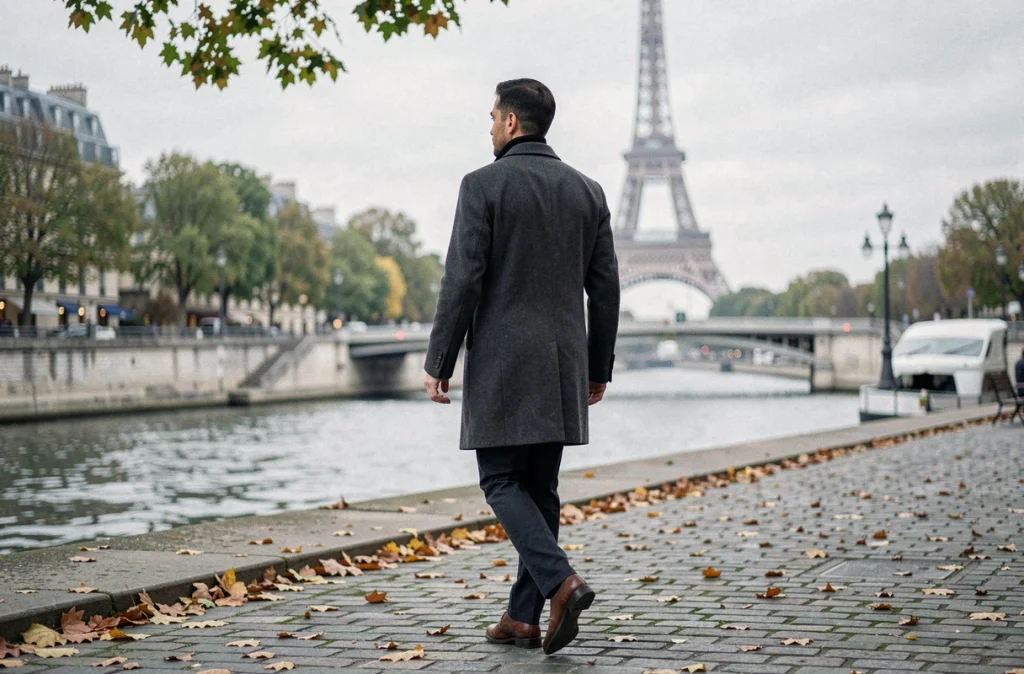 Homme élégant et discret se promenant le long de la Seine à Paris en manteau charcoal en automne
