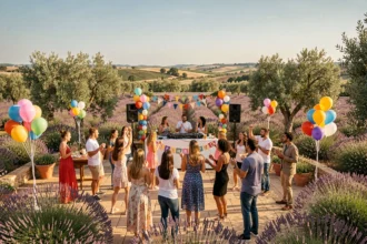 Scène de fête d'anniversaire en plein air en Provence avec un animateur DJ, des ballons colorés et des invités qui dansent sur une terrasse ensoleillée entourée de lavande