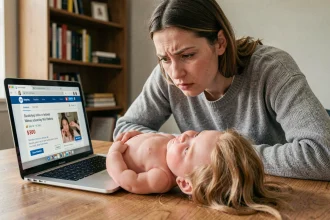 Femme examinant une annonce en ligne de poupée reborn sur un ordinateur portable pour détecter une arnaque potentielle