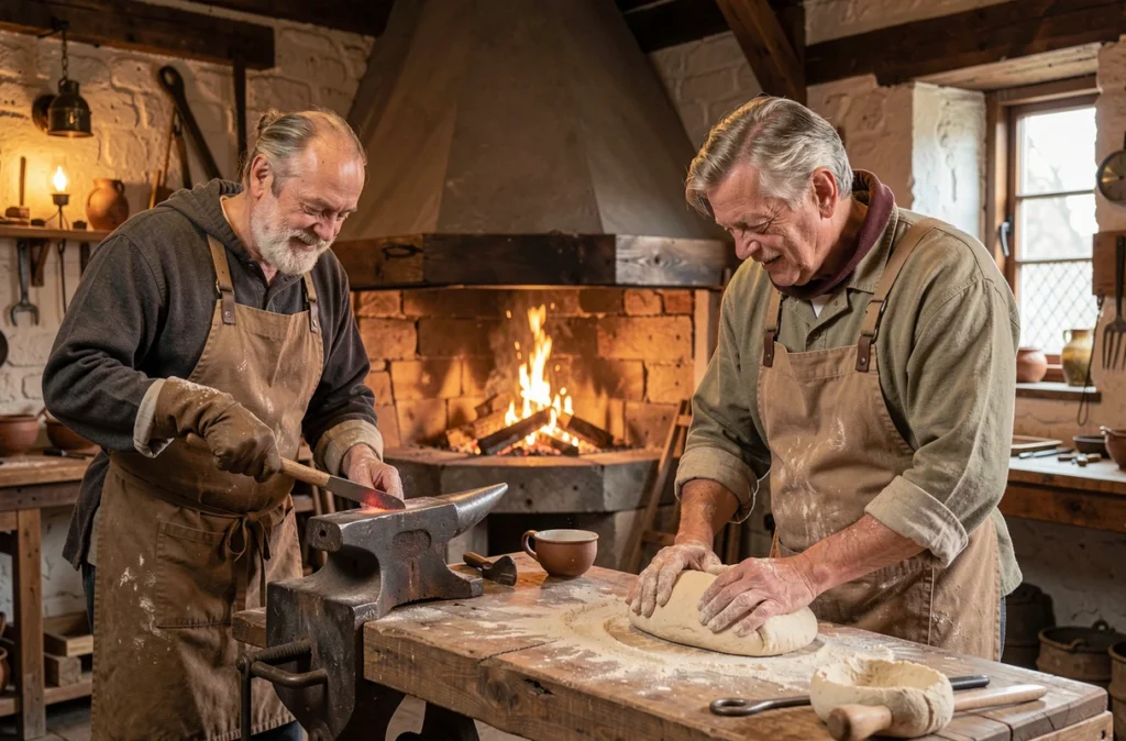 Artisans d'autrefois au travail, forgeron et boulanger dans un atelier