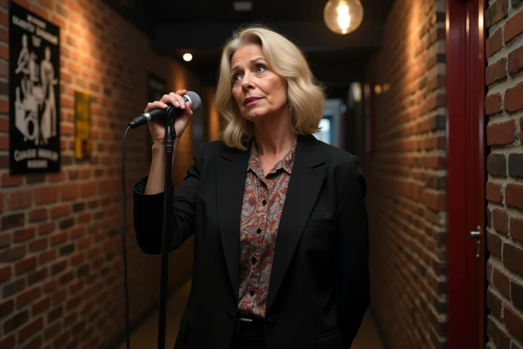 Artiste féminine en coulisses d'une salle de concert, regard pensif, illustrant la discrétion d'une star sur sa vie privée et familiale