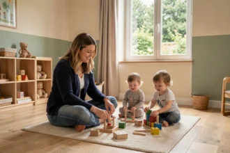 Une assistante maternelle professionnelle en Nouvelle-Aquitaine joue avec des enfants en bas âge dans un espace d'accueil chaleureux et coloré
