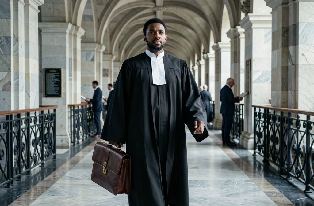 Avocat d'origine algérienne en robe noire marchant dans le couloir d'un palais de justice français avec une mallette en cuir