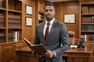Avocat d'origine nord-africaine en costume gris charbon dans un bureau juridique avec bibliothèque en bois et diplômes encadrés
