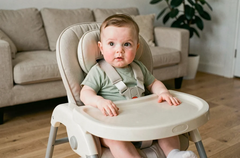Bébé installé dans la chaise haute transat Chicco Polly Magic Relax en position inclinée dans un salon familial