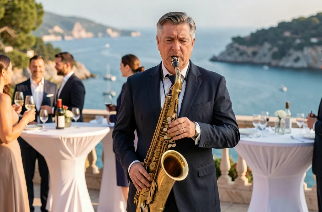 Bonifay Sax en costume sombre jouant du saxophone alto sur une terrasse en bord de mer lors d'un événement d'anniversaire huppé avec la côte méditerranéenne en arrière-plan