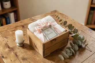 Coffret cadeau de baptême original avec couverture tricotée, cadre personnalisé et bougie blanche sur table en bois