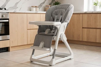 Chaise haute évolutive Polly Magic Relax Chicco blanche et grise dans une cuisine scandinave moderne