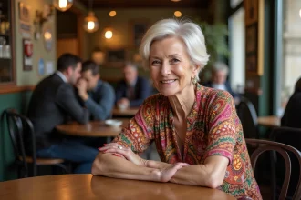 Portrait d'une chanteuse française emblématique souriante dans un café parisien, illustrant un article sur sa vie de famille