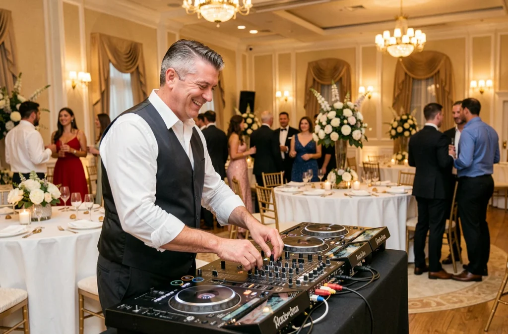 Chrisrasa, disc jockey élégant en chemise blanche et gilet sombre, animant une fête d'anniversaire chic dans une salle de banquet décorée avec des lustres et des compositions florales