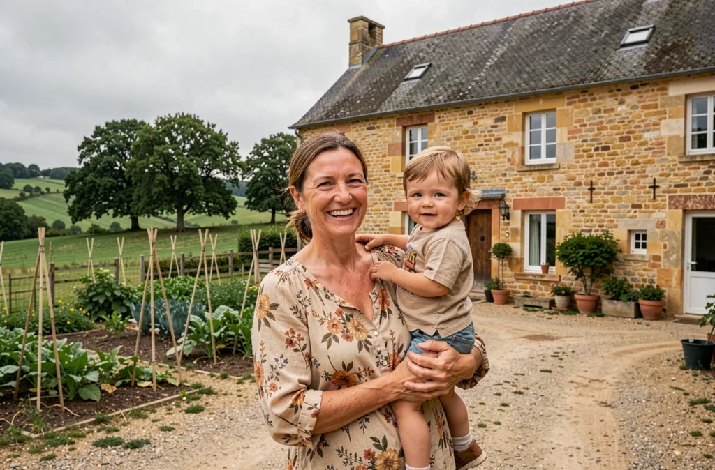 Une assistante maternelle rurale accueille un enfant devant une maison en pierre typique des départements ruraux de Nouvelle-Aquitaine pour CityMalin