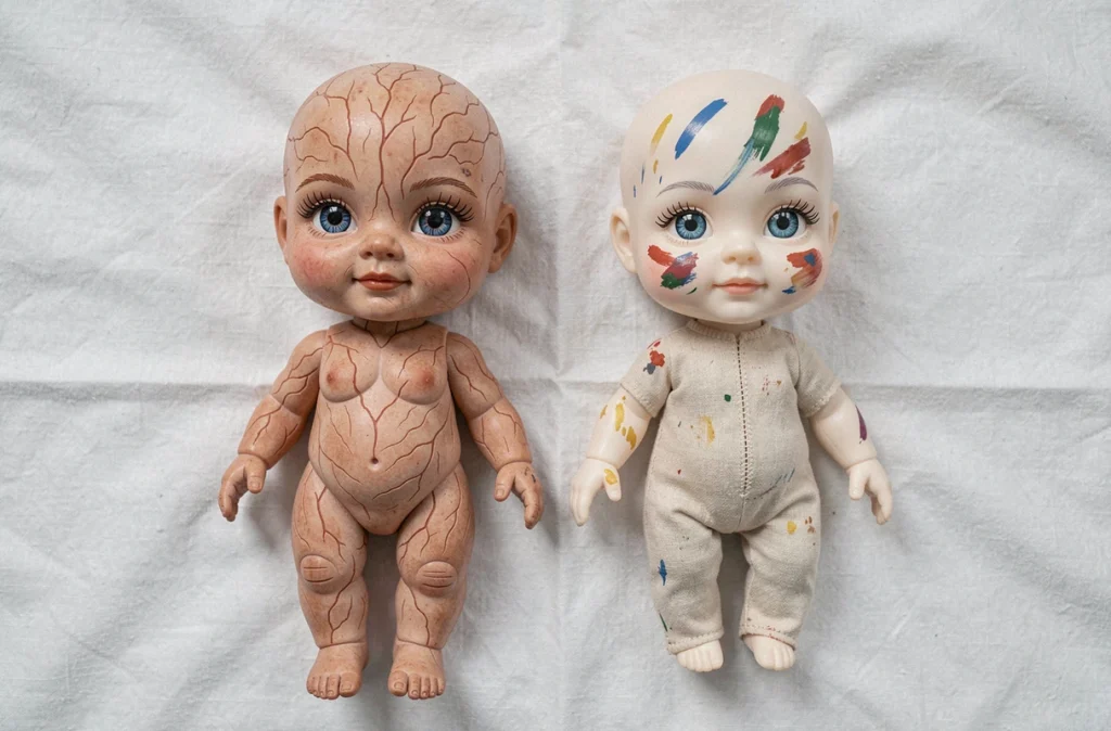 Comparaison côte à côte d'une vraie poupée reborn artisanale et d'une imitation de mauvaise qualité