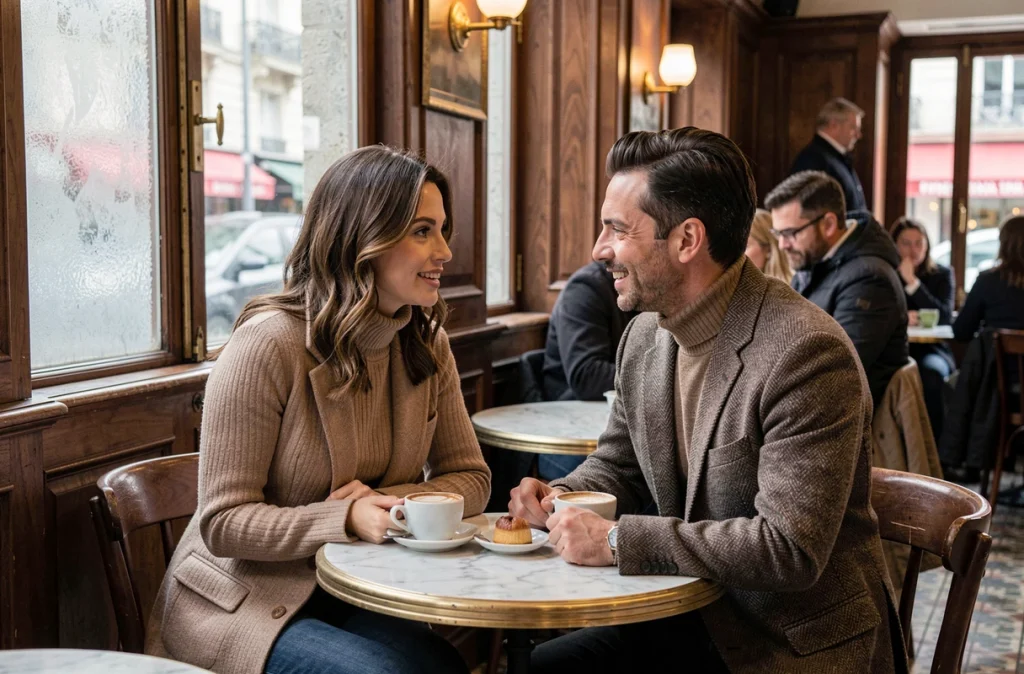 Couple en tête-à-tête dans une brasserie parisienne intimiste, illustrant une relation amoureuse loin des médias