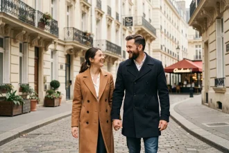 Couple élégant marchant main dans la main sur un pavé parisien, loin des regards, illustrant une histoire d'amour discrète