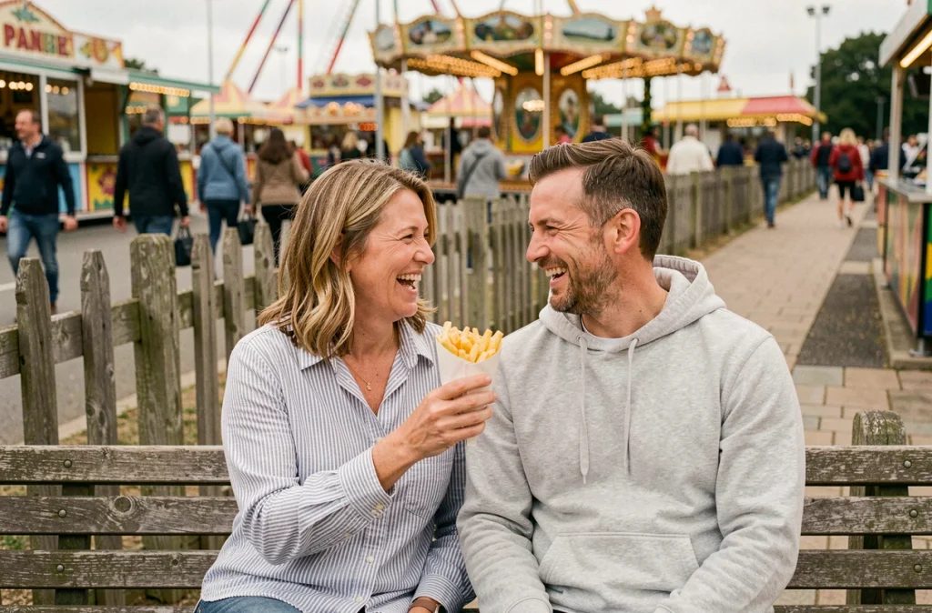 Couple dégustant des frites dans le parc d'attractions de La Panne pendant un week-end à la mer du Nord
