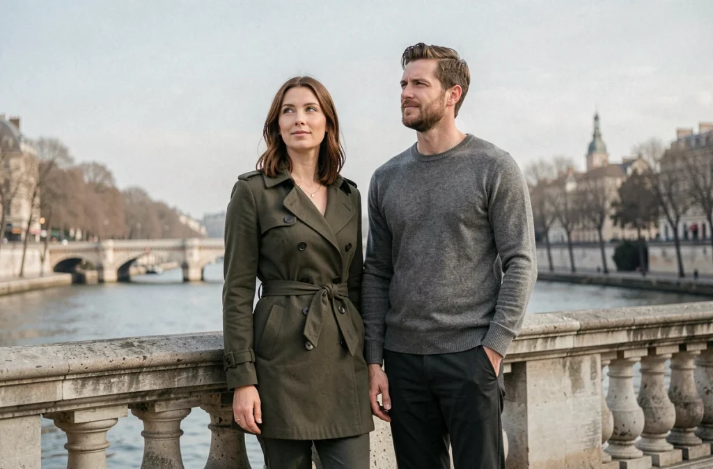 Couple amoureux regardant la Seine depuis un pont parisien, symbole d'une relation intime et préservée des projecteurs