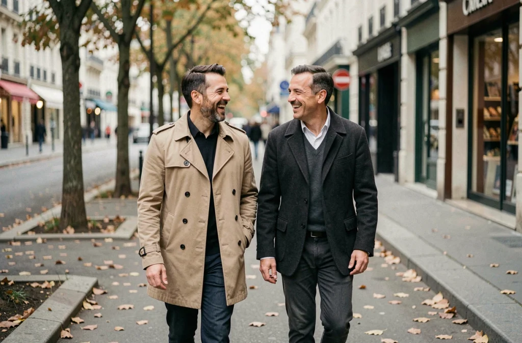 Deux hommes marchant et riant ensemble dans une rue parisienne, représentant un couple uni et épanoui dans leur vie quotidienne partagée