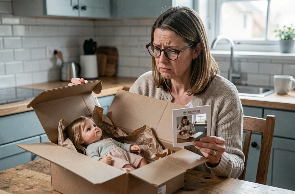 Femme déçue comparant une poupée reborn reçue par colis avec la photo de l'annonce originale