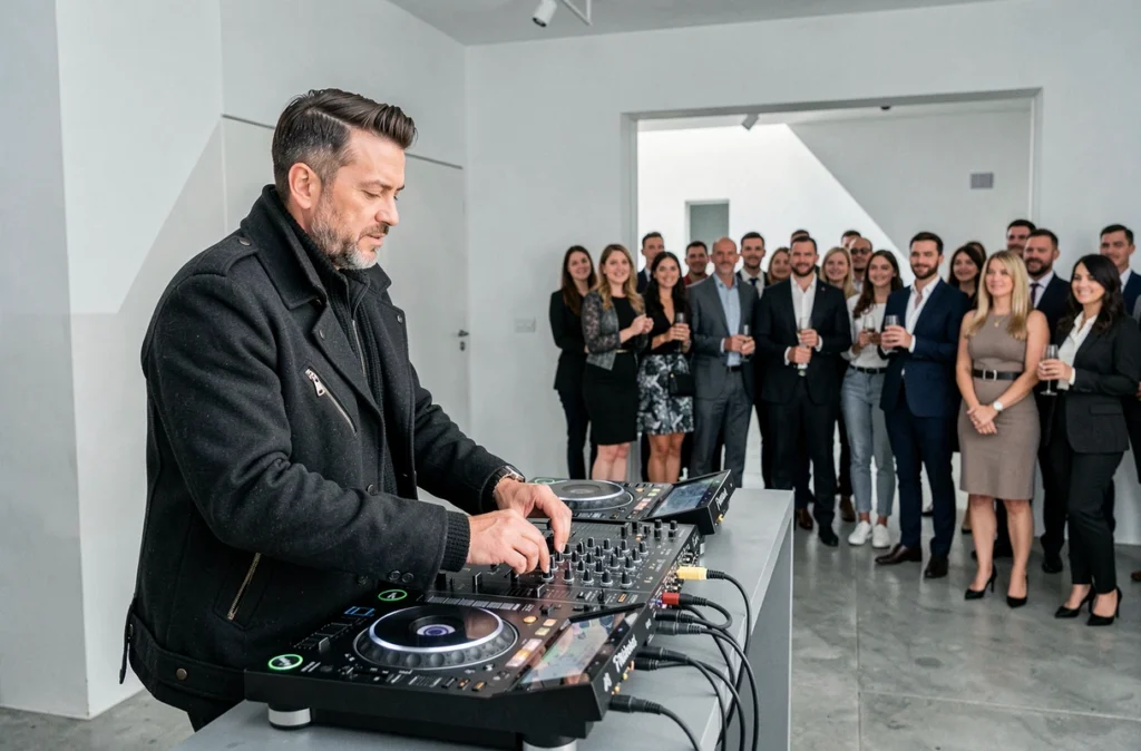 DJ Art Winter en tenue sombre et élégante derrière une console DJ épurée lors d'une soirée d'anniversaire dans une salle moderne au décor minimaliste avec des invités en arrière-plan