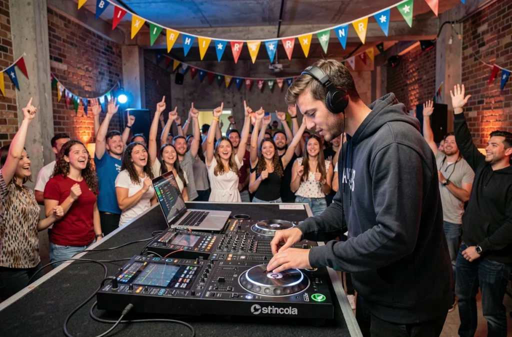 DJ de DMIX Animation derrière sa console professionnelle lors d'une soirée d'anniversaire animée avec une foule de jeunes invités dansant en arrière-plan