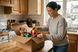 Femme qui trie des jouets pour enfants dans un carton afin de les donner à une association ou un voisin