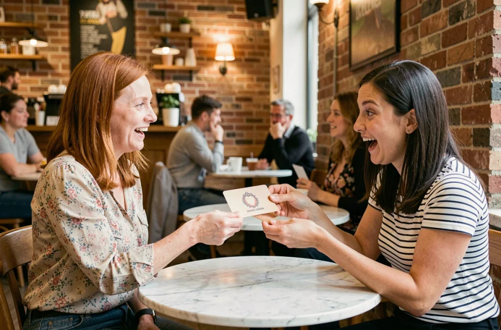 Deux amies dans un café, l'une offrant une carte à gratter personnalisée en cadeau surprise à l'autre