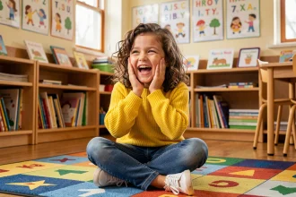 Petite fille de 7 ans en pull jaune qui rit aux éclats dans une salle de classe colorée en entendant une devinette amusante