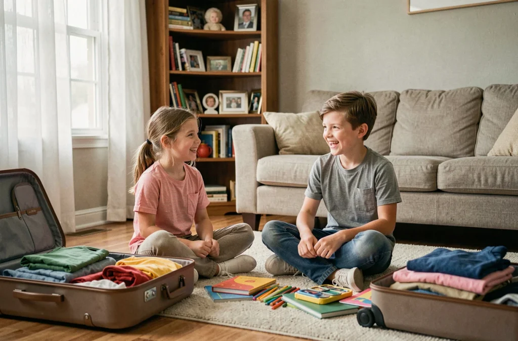 Deux enfants en garde alternée préparent leurs valises pour les vacances scolaires dans un salon familial
