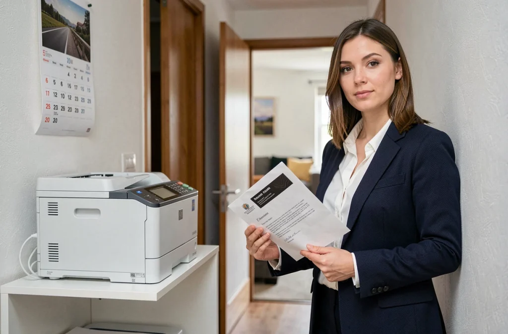 Femme tenant une lettre officielle de congé parental prête à être envoyée à son employeur