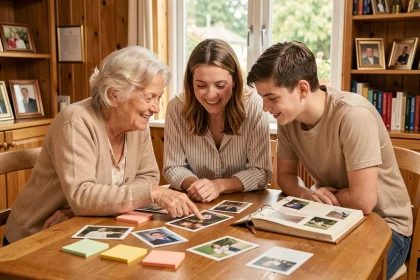 Trois générations d'une famille réunies autour d'un album photo collaboratif sur une table en bois