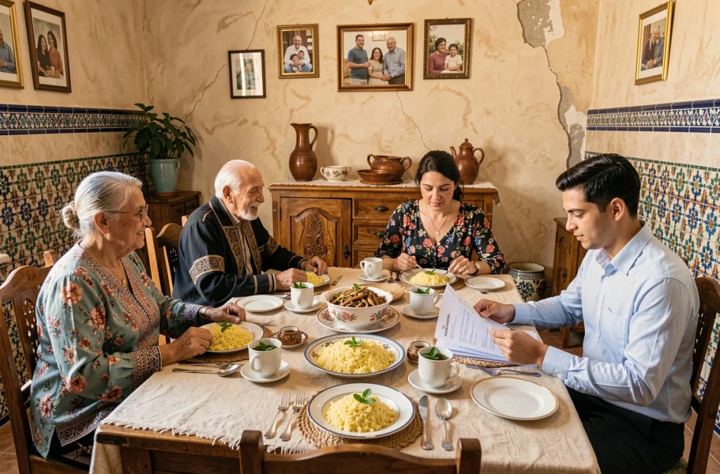 Famille nord-africaine multigénérationnelle autour d'un repas traditionnel, transmettant l'héritage culturel et familial