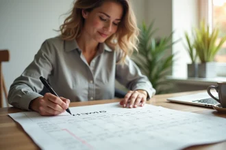 Femme organisant un calendrier 2026 avec semaines paires et impaires sur un bureau en bois