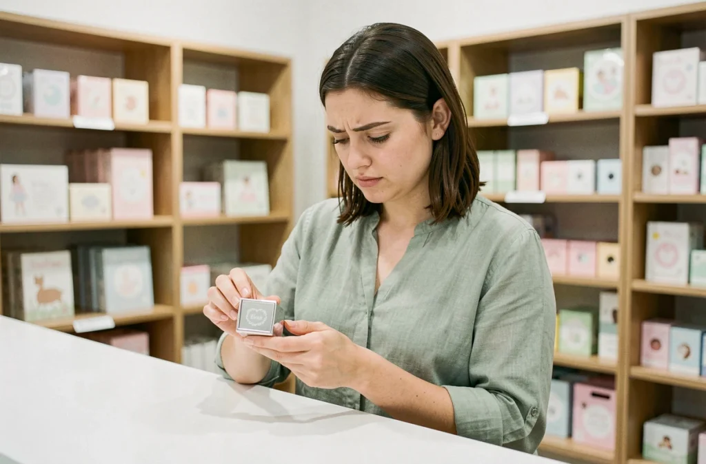 Jeune femme choisissant un cadeau de baptême original dans une boutique spécialisée, expression concentrée