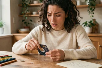 Femme grattant une carte à gratter personnalisée avec une pièce de monnaie à une table en bois, expression d'anticipation sur le visage