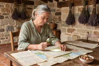 Femme aux cheveux argentés consultant des registres généalogiques anciens et une carte régionale de France dans une cuisine de campagne en pierre