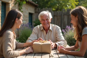 Grand-père entouré de sa famille dans un jardin de campagne française lors de la Fête des grands-pères 2026