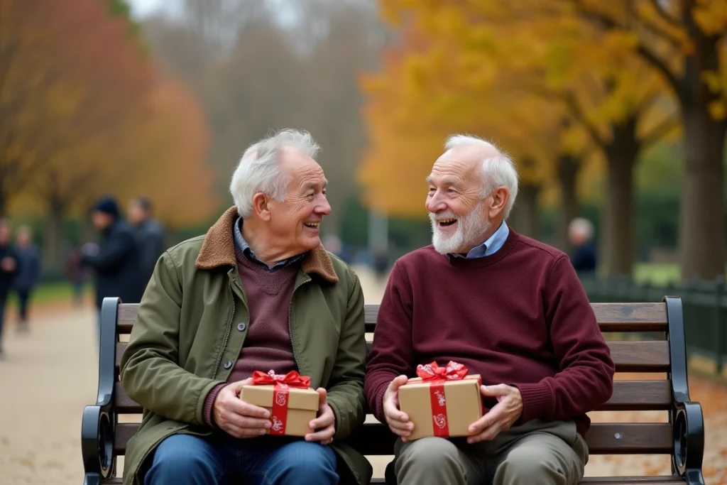 Deux grands-pères assis sur un banc dans un parc français à l'automne célébrant la Fête des grands-pères