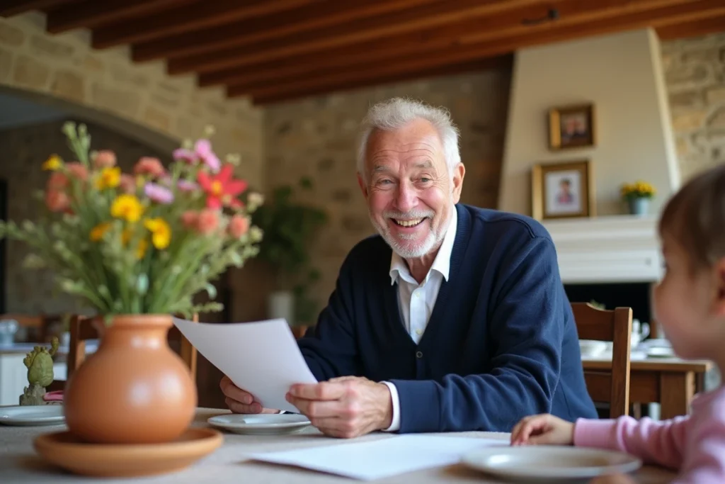 Grand-père lisant une carte faite main par son petit-enfant lors d'un repas de fête en intérieur