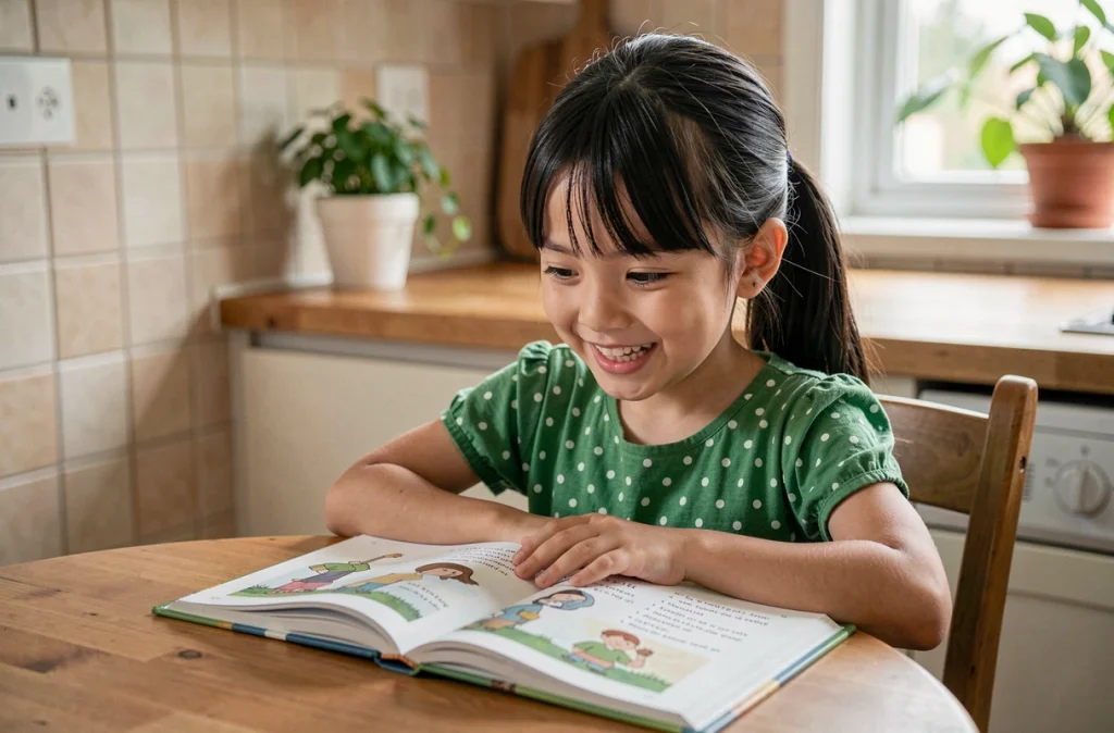 Jeune fille souriante qui consulte un livre illustré de devinettes posé sur une table en bois dans une cuisine familiale