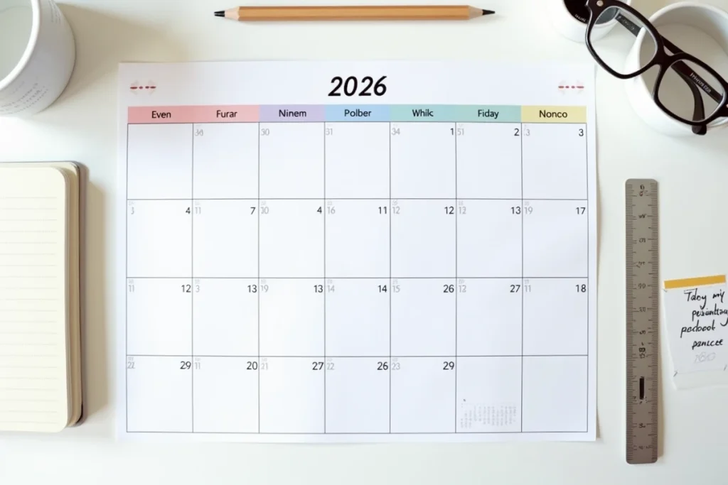 Vue de dessus d'un calendrier 2026 imprimé avec semaines paires et impaires surlignées sur un bureau minimaliste