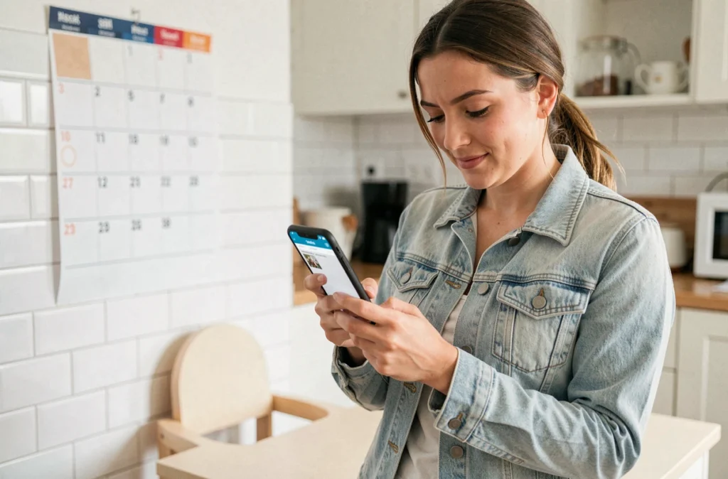 Une mère consulte l'application Garder-mes-enfants sur son téléphone pour trouver une assistante maternelle disponible immédiatement