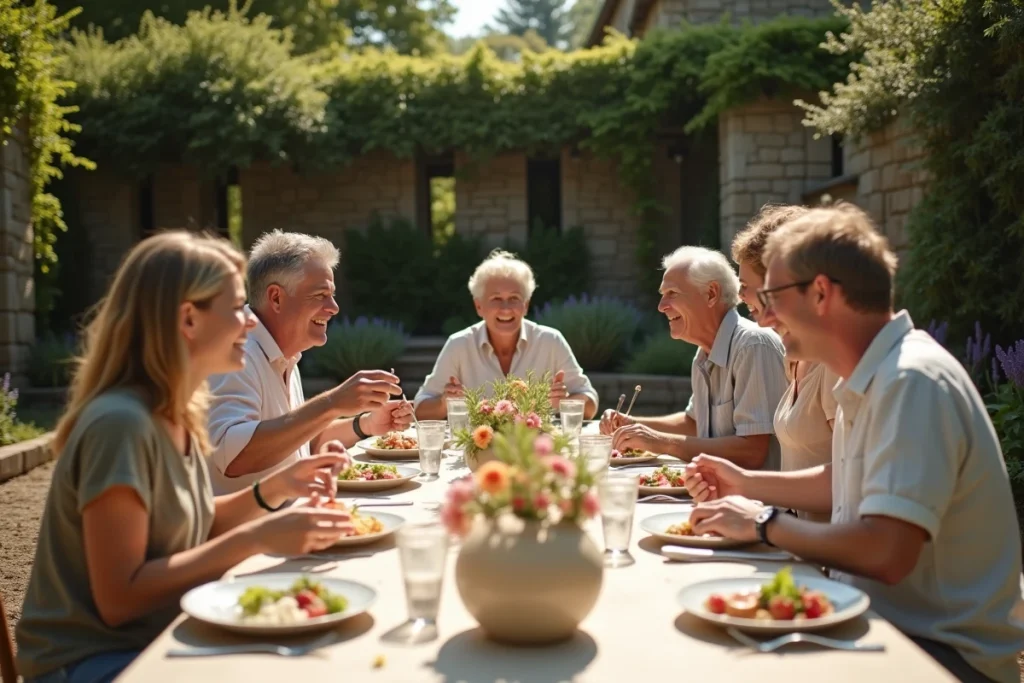 Famille multigénérationnelle réunie autour d'un repas en plein air dans un jardin provençal, évoquant la notion de grande famille
