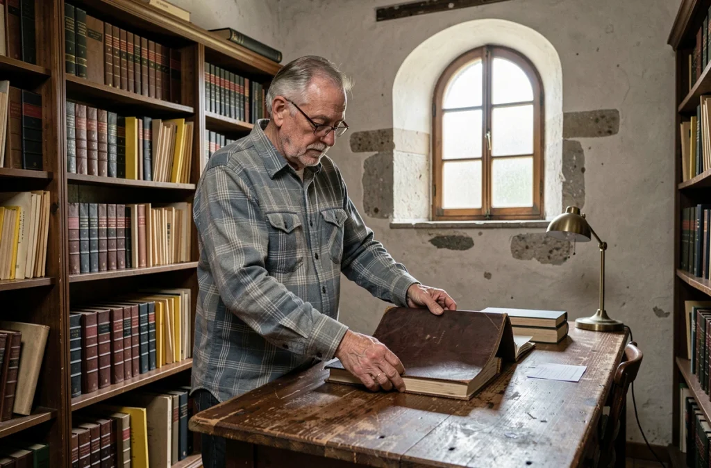 Homme âgé consultant des registres paroissiaux anciens dans une salle d'archives d'une église de village français