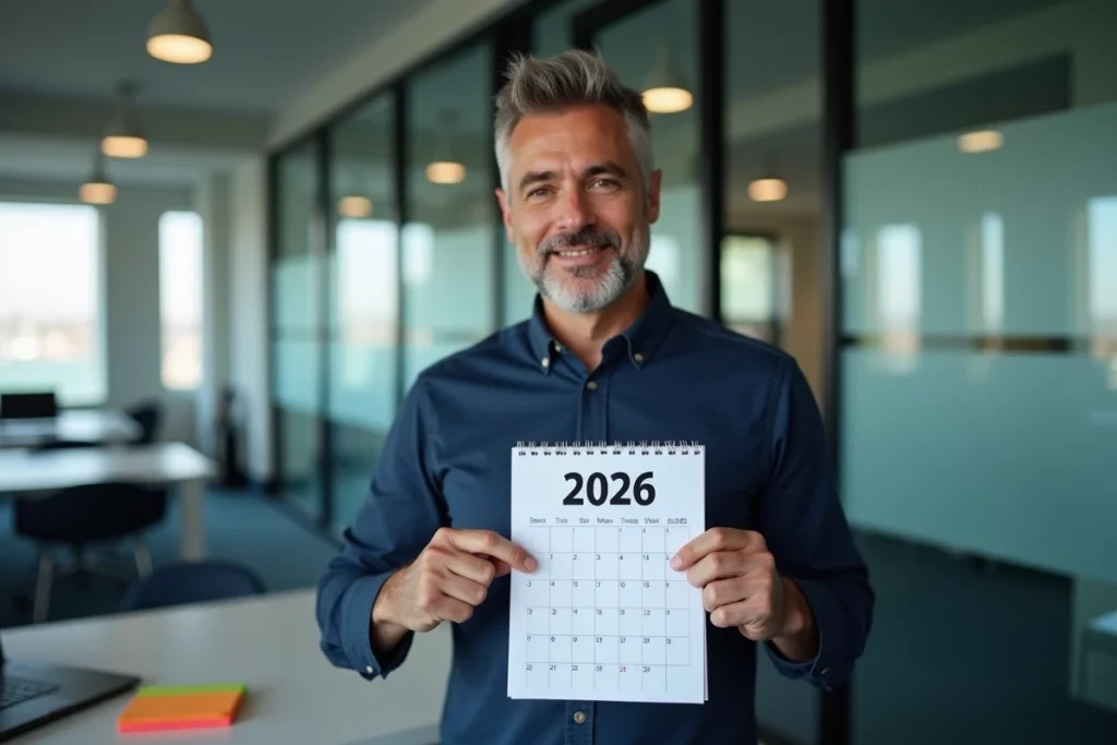 Homme en bureau moderne tenant un calendrier PDF 2026 avec numéros de semaines paires et impaires